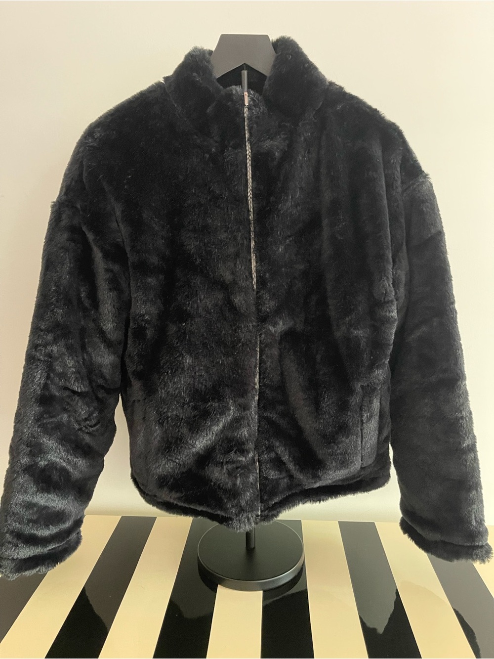 Plush Black Faux Fur Jacket with Front Zip
